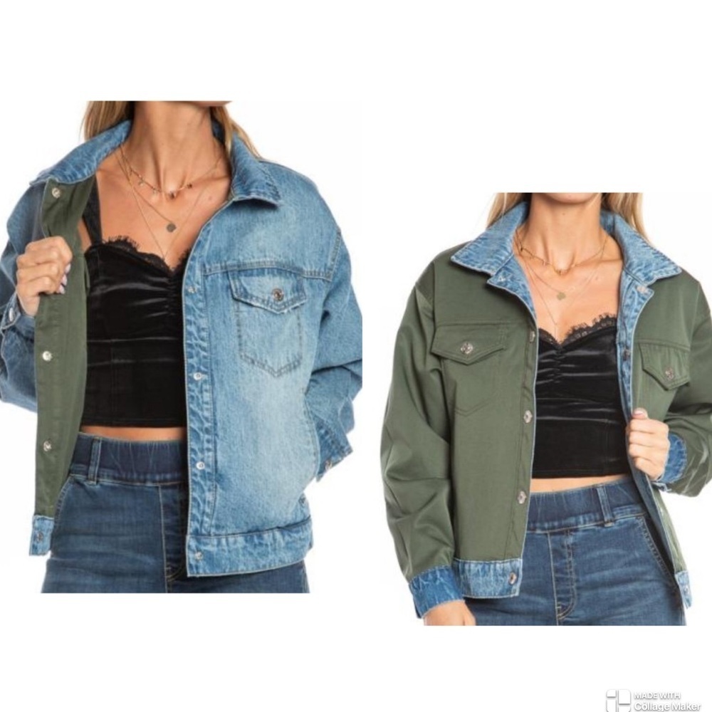 Juicy Couture, 2 in 1, Army Green Reversible Monogram Trucker Jacket Small